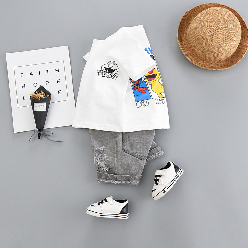 Christening Suit Jeans Shorts Outfits 0-7 Years Small Boy Short Sleeve Striped Cartoon Print T-Shirt I3CKIZCE 2-Piece Baby Boys Summer Clothing Sets Boys Summer Suit