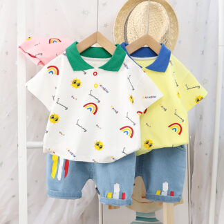 HYLKIDHUOSE Baby Boys Clothing Sets 2020 Summer Toddler Infant Shorts Sleeve Rainbow T Shirt Denim Shorts Children Kids Clothing
